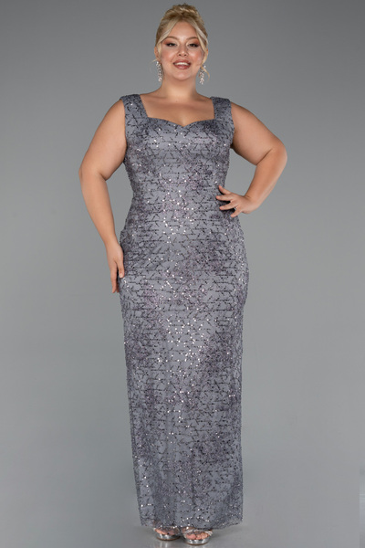 Abiyefon Antrasit Kolsuz V Yaka Taşlı Uzun Büyük Beden Abiye ABU5190