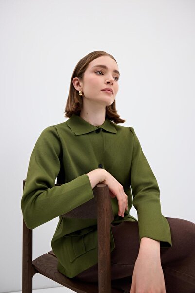 KADRİYE BAŞTÜRK Cardigan de tricotat cu buzunare de culoare uni Verde ulei