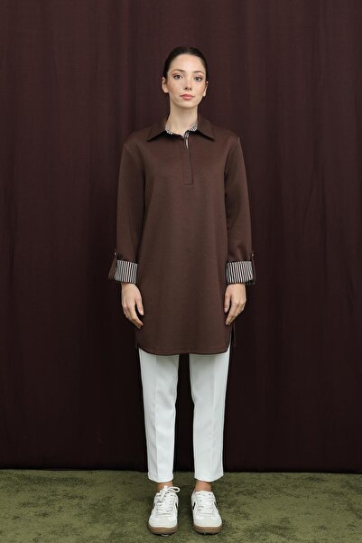 Puane Women's Basic Tunic with Collar and Sleeve Detail - 10724Tun - Brown