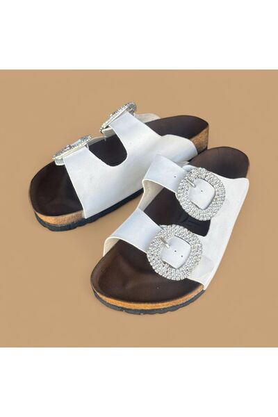 İpek Comfort Women's White Double Buckle Stone Cork Sole Slippers