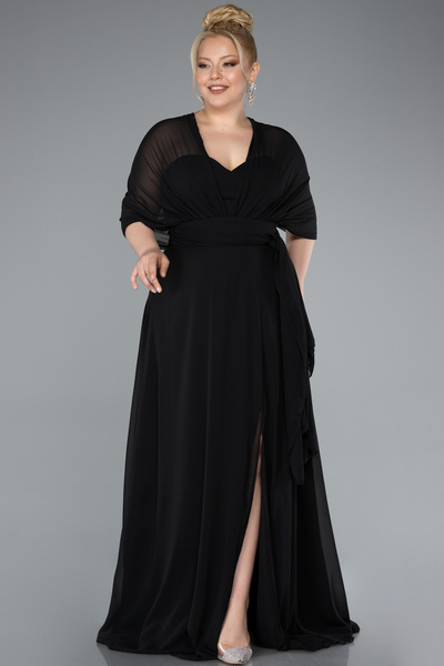 Abiyefon Siyah Yırtmaçlı Uzun Şifon Büyük Beden Mezuniyet Elbisesi ABU4951