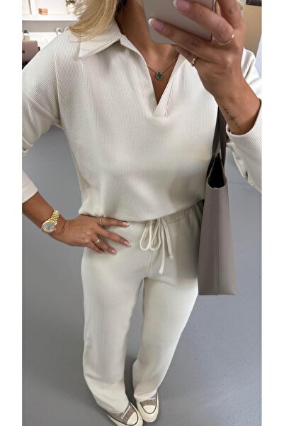 Sezgi Tekin Polo Yaka Fitilli Krem Takım