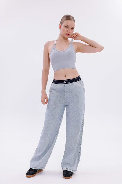 HepsitrentStore Basic Light Gray Blue Regular Elastic Waist Casual Jeans
