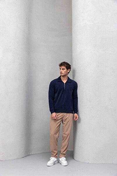 Valiberta Eric Relax Fit Півзастібка-блискавка Поло-комір Селонік Тканина Чоловічий Світшот - Синій