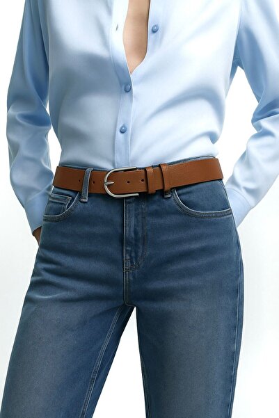 Çantacımstore Women's Faux Leather Belt Square Buckle Tan (Silver Buckle)