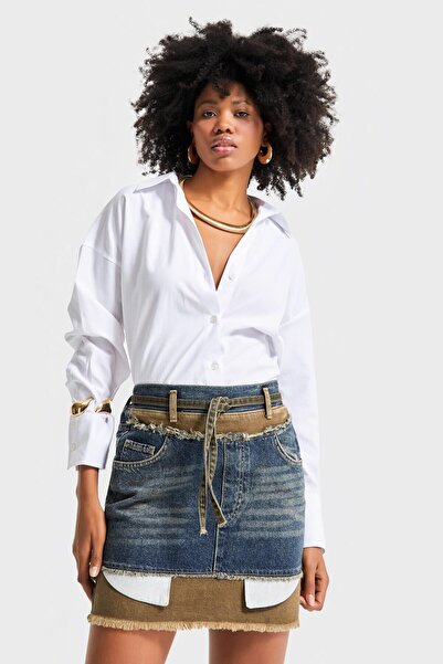 its basic Kadın T.Kot Rengi 2w5-8 Çift Denim Parçalı Özel Tasarım Mini Denim Etek