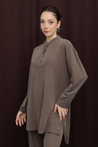 Puane Kadın Çıtçıt Detaylı Basic Takım - 14391TKS - Kahve