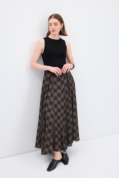 KADRİYE BAŞTÜRK Plaid Patterned Long Flared Skirt Green