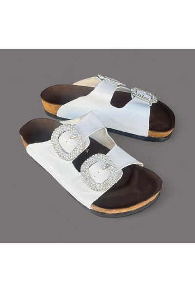 İpek Comfort Women's White Double Buckle Stone Cork Sole Slippers