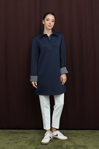Puane Women's Basic Tunic with Collar and Sleeve Detail - 10724Tun - Navy