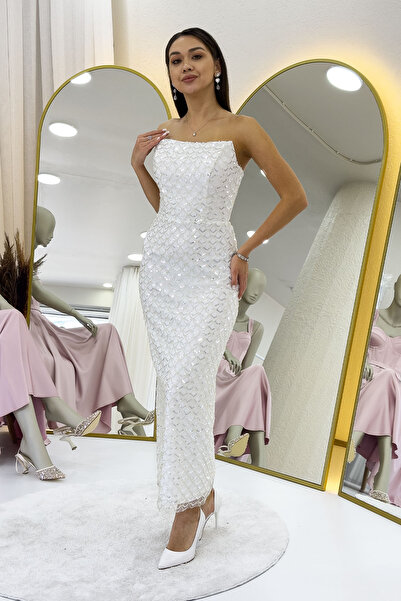 thezkscom Women's Strapless Beaded Midi Length Evening Dress Lilac, Aqua Green, Baby Blue, White, Black, Gold