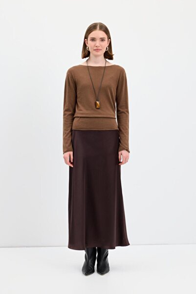 KADRİYE BAŞTÜRK Long Pencil Satin Skirt Brown