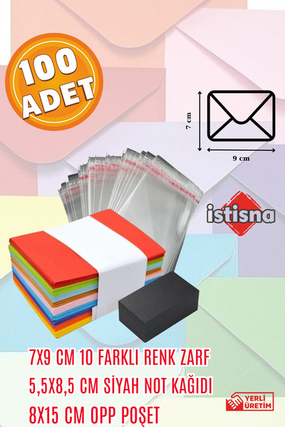 İstisna 100 Pieces 7X9 cm Colorful Envelopes Cute Mini Card Envelopes with Black Note Paper and Opp Bag Gift
