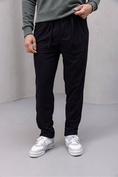 Valiberta Roy Regular Fit Elasticated Ribbed Velvet Fabric Zippered Jogger Men's Trousers - Black