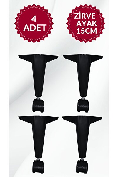 MKLAKS 4 ADET Tekerli Zirve Plastik Ayak SİYAH 15cm Mobilya Koltuk Masa Baza Dolap Ayağı Ayakları Dayanıklı