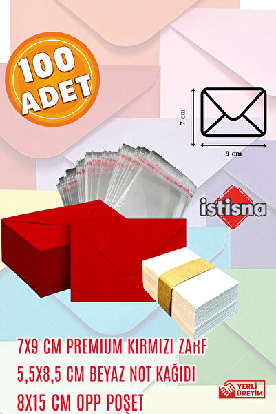 İstisna 100 Adet 7x9 Cm Kırmızı Zarf Beyaz Not Kağıdı ve Opp Poşet Hediyeli S...