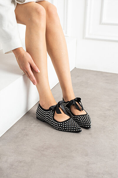 DUXAL SHOES Nina Black Pointed Toe Women's Ballerinas with Stone Ribbon Detail