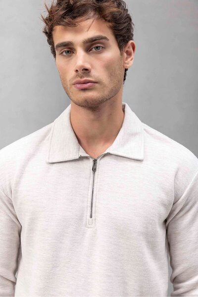 Valiberta Eric Relax Fit Half Zip Polo Neck Thessaloniki Fabric Men's Sweatshirt - Stone