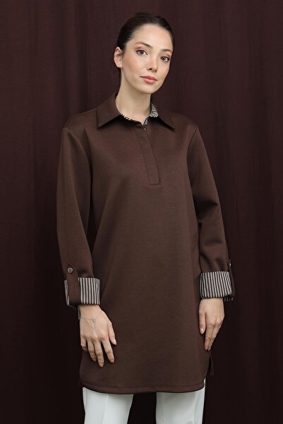 Puane Women's Basic Tunic with Collar and Sleeve Detail - 10724Tun - Brown