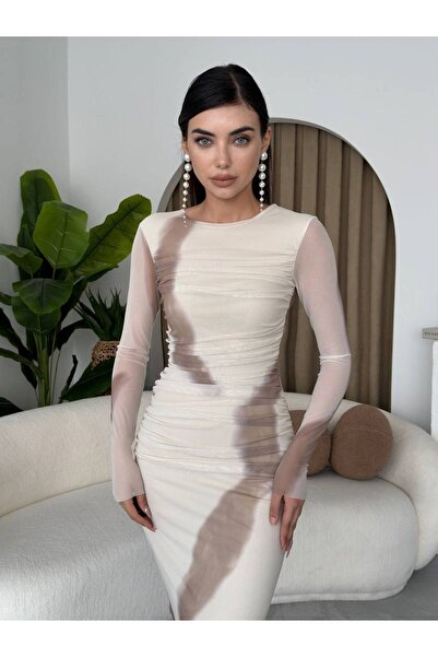 EtikaOnline Nayra Tül Tasarım Uzun Kollu Midi Elbise