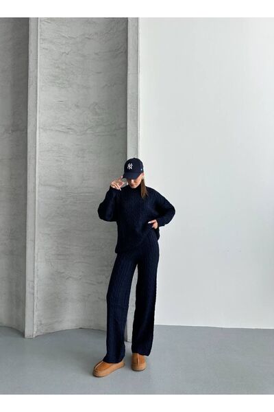 mylunessa Navy Blue Scarf Hair Braided Knitwear Trouser Set