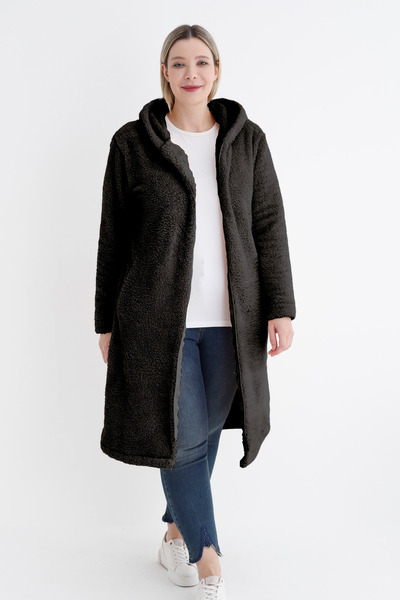 İntensive Black Women's Plus Size Long Sleeve Pocket Hooded Plush Long Cardigan