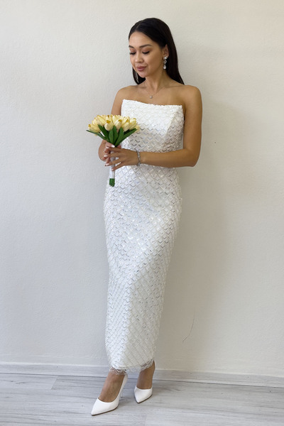 thezkscom Women's Strapless Beaded Midi Length Evening Dress Lilac, Aqua Green, Baby Blue, White, Black, Gold