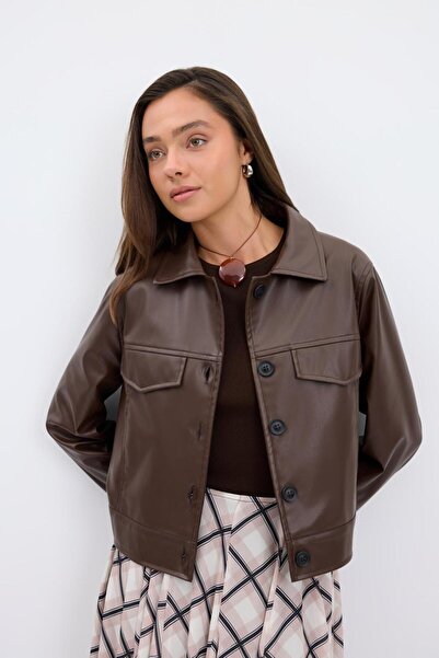 KADRİYE BAŞTÜRK Short Faux Leather Jacket Brown