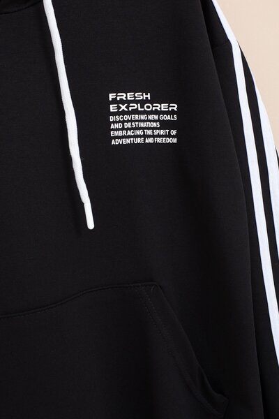 Cansın Mini Black Stripe Detailed Text Printed Hooded Boys' Tracksuit Set 21453
