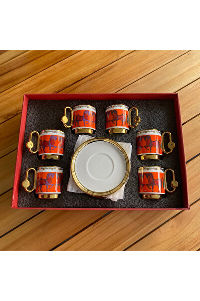 Karma Home 6-Person Modern Double Horse Pattern Orange Porcelain Coffee Cup Set - Stylish Presentation Set with Gold Detail