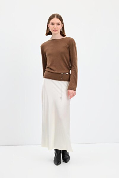 KADRİYE BAŞTÜRK Long Pencil Satin Skirt Ecru