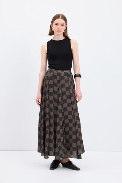 KADRİYE BAŞTÜRK Plaid Patterned Long Flared Skirt Green