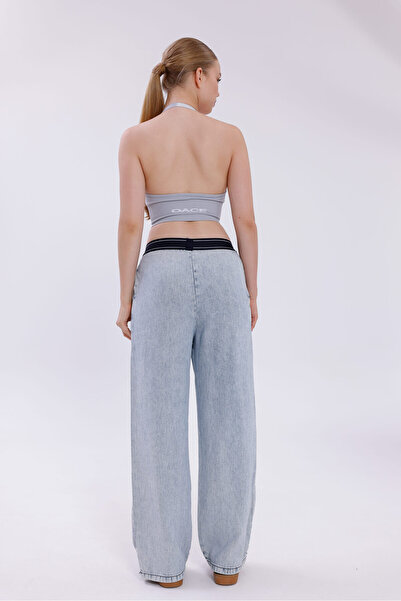 HepsitrentStore Basic Light Gray Blue Regular Elastic Waist Casual Jeans