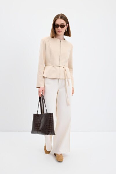 KADRİYE BAŞTÜRK Zippered Crew Neck Short Suede Jacket Beige