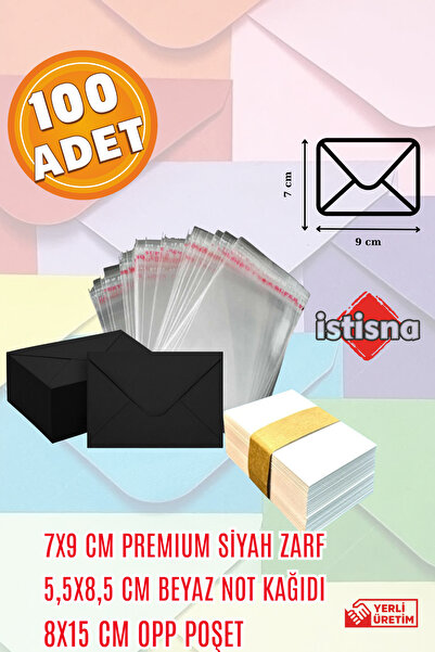İstisna 100 Adet 7x9 Cm Siyah Zarf Beyaz Not Kağıdı ve Opp Poşet Hediyeli Sev...