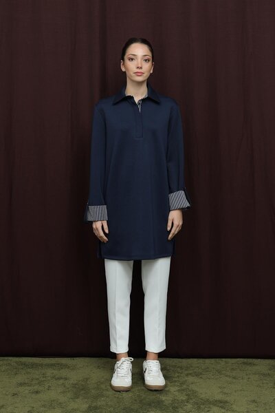 Puane Women's Basic Tunic with Collar and Sleeve Detail - 10724Tun - Navy