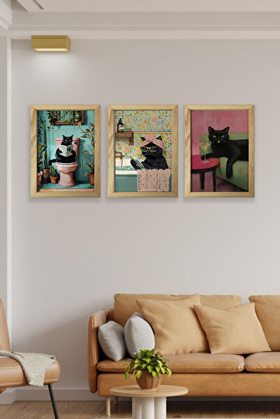 AND Ahşap Çerçeveli Kedi Temalı Tablo Üçlü MDF Poster Tablo Duvar Dekoru (21x...
