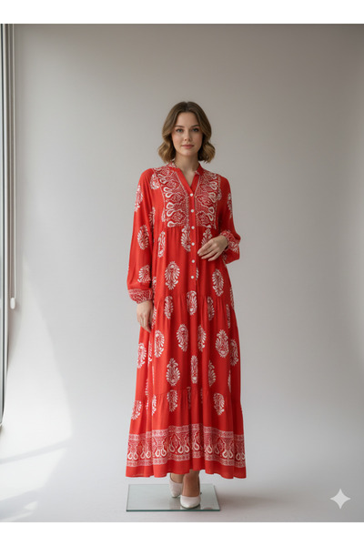 TUBA EXPORT Kadın Vintage Etnik Desenli Uzun Elbise – Rahat ve Şık Günlük Kullanıma Uygun