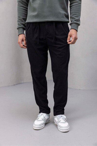 Valiberta Roy Regular Fit Elasticated Ribbed Velvet Fabric Zippered Jogger Men's Trousers - Black