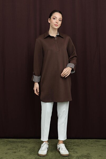 Puane Women's Basic Tunic with Collar and Sleeve Detail - 10724Tun - Brown