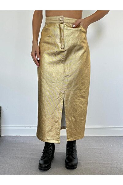 Vaveyy Gold Leaf Gabardine Slit Skirt