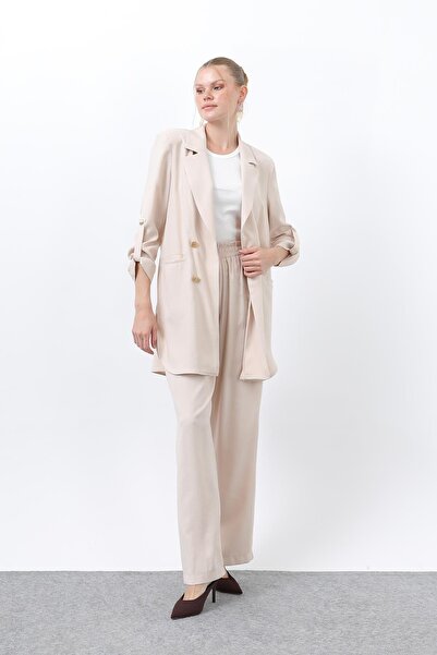 Puane Women's Button Detailed Blazer Jacket Suit with Trousers - 14321Tkm - Stone