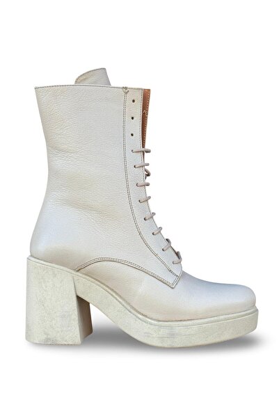 YALINAYAK C.Black 83600 Hakiki Deri Kauçuk Taban Kadın Topuklu Postal Bot Bej