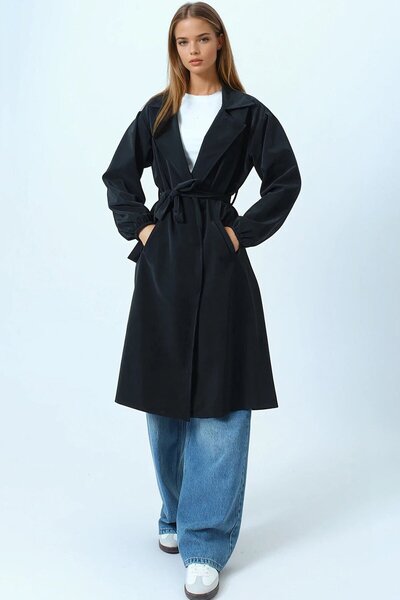 VAGGON Double-Breasted Collar Trench Coat with Tie and Elasticated Sleeves