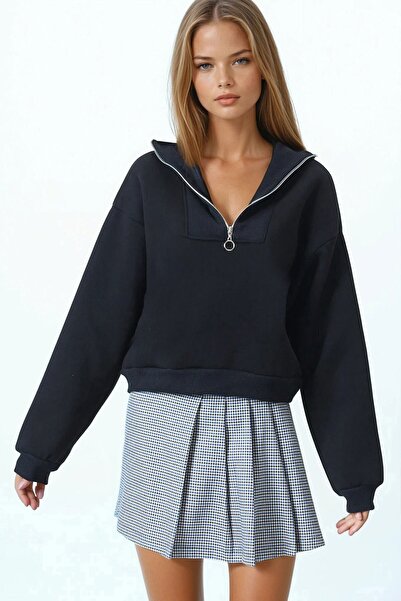 VAGGON Women's Black Polo Neck Half Zipper Sweatshirt Vs01033