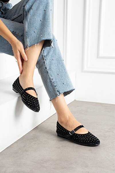 DUXAL SHOES Ruby Velvet Stone Detailed Ankle Strap Women's Ballerinas