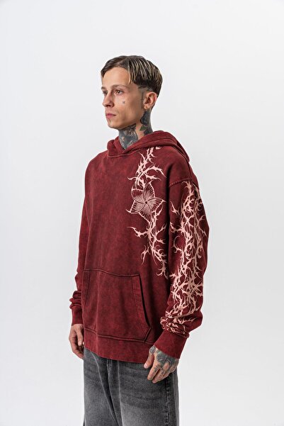 Respire Ανδρικό φούτερ με κουκούλα Far From Basic με στάμπα που πλένεται, υπερμεγέθη, μπορντό