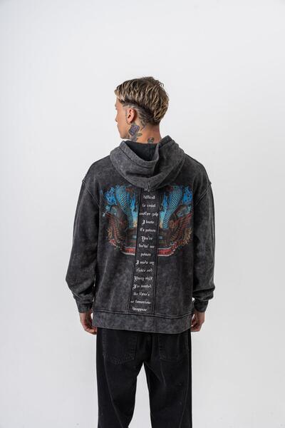 Respire Men's Snake Printed Washable Hooded Oversize Hoodie Black