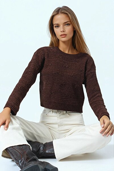 VAGGON Women's Brown Embossed Patterned Crew Neck Long Sleeve Knitwear Sweater Vs01051