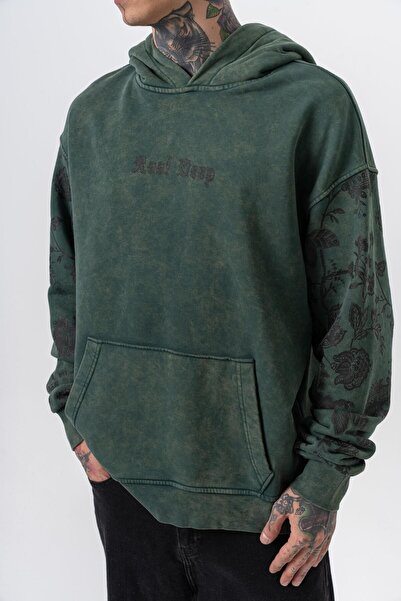 Respire Ανδρικό φούτερ με κουκούλα με στάμπα Root Deep, πλενόμενο, Oversize, Πράσινο